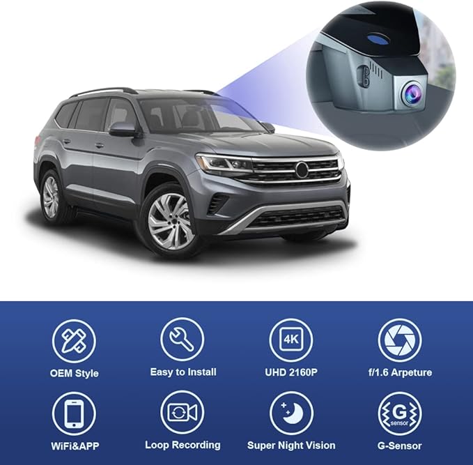 Fitcamx 4K Dash Cam Suitable for Volkswagen Atlas 2018-2026 (Model B, Wide Body Design) & Cross Sport 2020-2026, OEM Look, UH