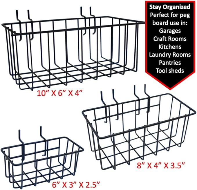 Heavy Duty Peg Board Hook Baskets for ¼ Pegboard Holes, Set of 3 Black Wire Baskets, Extra Thick Metal Fit Snugly in Pegboard