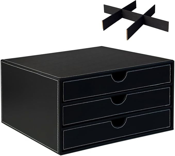 UnionBasic Document Organizer, 3-Drawer File Cabinet Document Storage Box, Office Desktop Filing Organizer, Black with White 