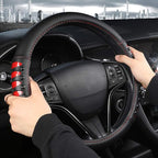 West Llama Microfiber Leather Car Steering Wheel Cover for Men Women,Universal Fit 14.5-15 inch(Leather Nails-Red+Black-Stand
