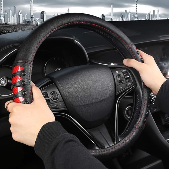 West Llama Microfiber Leather Car Steering Wheel Cover for Men Women,Universal Fit 14.5-15 inch(Leather Nails-Red+Black-Stand