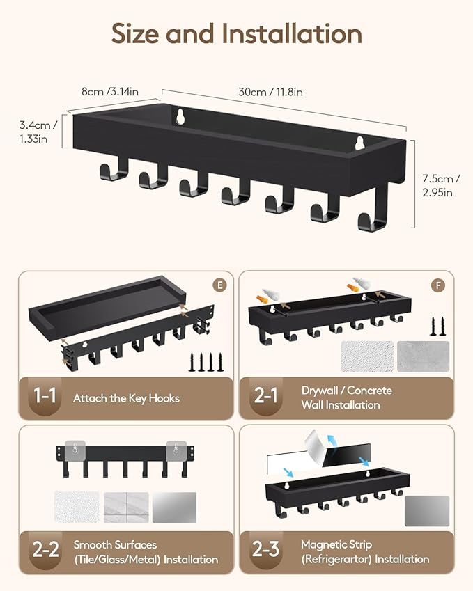 Key Holder Wall Mount Adhesive Magnetic - Hanging Key Hooks with Mail Organizer Tray for Wallet House - Keys Hanger Rack with