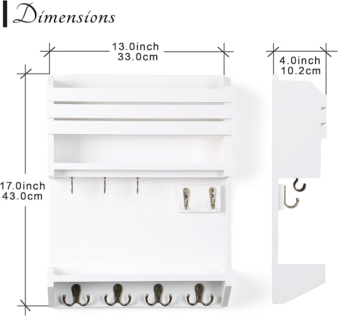 Key Holder, Wall Mounted Mail Organizer, Keys Holder on Wall with 9 Key Hooks, White