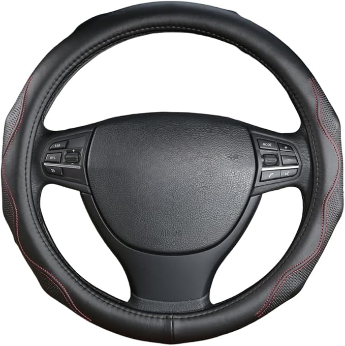 Leather with Silicone Steering Wheel Cover for Dodge Ram 1500 2500 3500 Chrysler Pacifica Ford F-150 F-250 F-350 Expedition (Black-red Stitching, 15.5-16 inch)