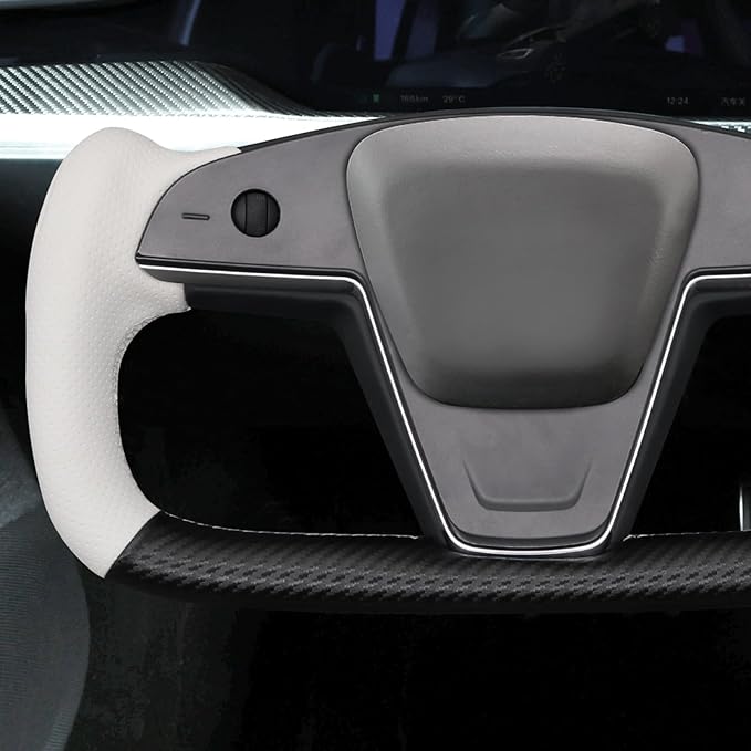 MEWANT Hand Stitched White Leather Steering Wheel Cover Wrap for Tesla Model S 2021-2023 / Model X 2021-2023 Steering Wheel Accessories