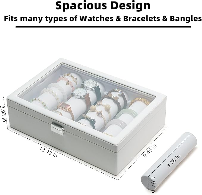 Bracelets Organizer Rods Bangles Display Holder, Clear See through Lid Leather Velvet Jewelry Storage Box Case for Women, 4 R