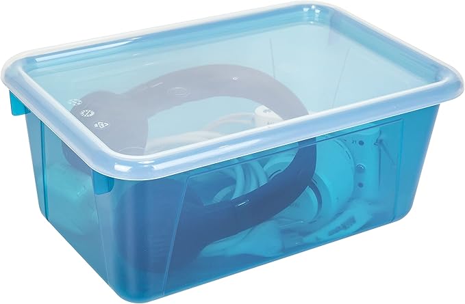 Storex Small Cubby Bins – Plastic Storage Containers for Classroom with Non-Snap Lid, 12.2 x 7.8 x 5.1 inches, Tint Teal, 5-P