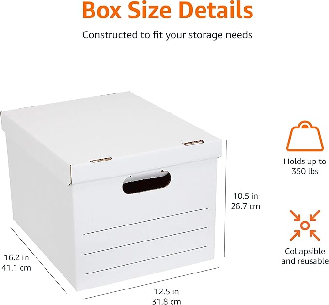 Amazon Basics Storage/Filing Boxes with Lift-Off Lid, Letter/Legal Size, Collapsible, Tape-Free Assembly, White, 16.2" L x 12