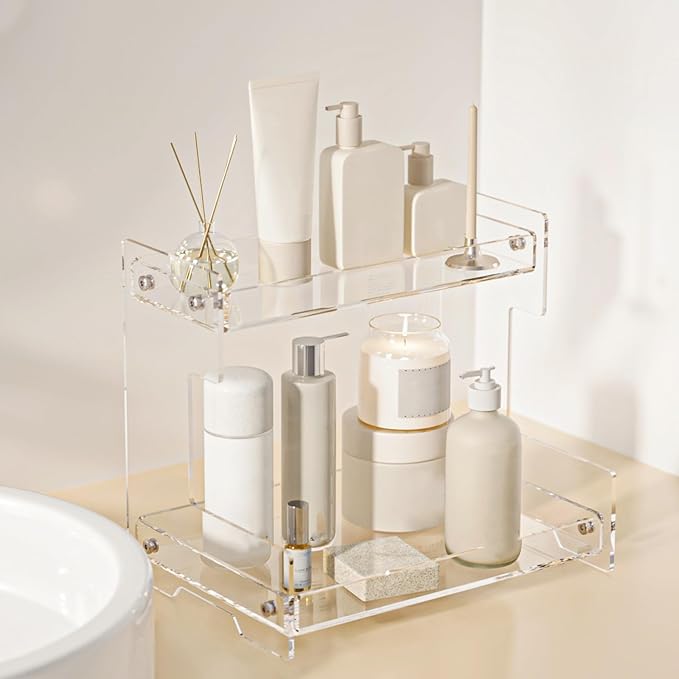 Bathroom Counter Organizer Countertop 2 Tier Storage Acrylic Corner Makeup Organizer for Perfume Stand, Vanity Holder, Dresse