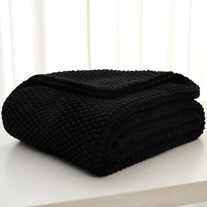 Chunky Cable Knit Throw Blanket Lightweight Black 100% Organic Cotton Blanket for Sofa Couch Bed Baby Nursery, Rustic Shabby 