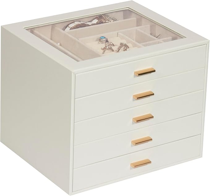 Jewelry Box with Glass Lid, 5-Layer Jewelry Organizer for Women Girls, PU Leather Display Case with 20-Grid Earring Tray & Mo