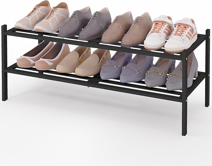 Smiry Long Bamboo Shoe Rack 2-Tier, Stackable Wooden Shoe Organizer for Entryway & Closet, Free Standing Wood Shoe Storage Sh