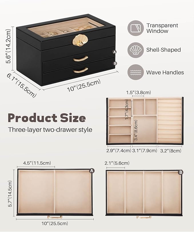 Enthralite Jewelry Box with 2 Drawers: Display Organizer for Earrings Necklaces - Gifts for Girls Women (Black)