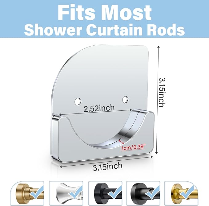 Metal Shower Curtain Rod Holders, Heavy Duty No Drill Adhesive Wall Mount or Screw Brackets, Rustproof Waterproof Rod Support