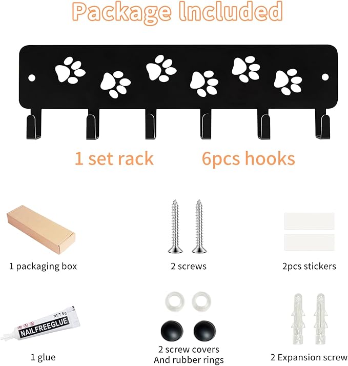 Key Hooks Key Holder Decorative Dog Leash Holder for Wall, 6 Hooks 9.75×2.73 inch for Wall Decorative Animal Storage Rack Adh