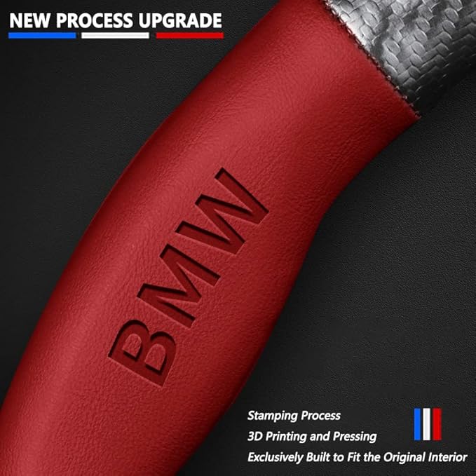 Customized Steering Wheel Cover Compatible with BMW, Nappa Leather & Carbon Fiber Design Car Steering Wheel Cover, with Coasters and 3-in-1 USB Fast Charging Cable (Red)