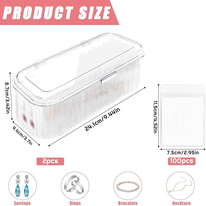 2 Packs Acrylic Jewelry Box with 100pcs PVC Portable Anti Oxidizing Zipper Bags Flip Lid Jewelry Organizer for Earrings Rings