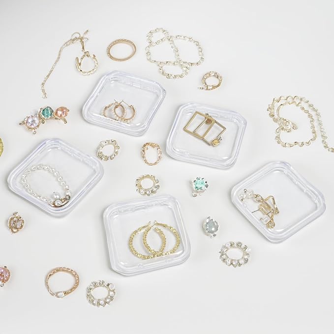 Clear Travel Jewelry Organizer Box, Rectangular Plastic Storage Container with 15 Sturdy Portable Small Cases for Organizing 