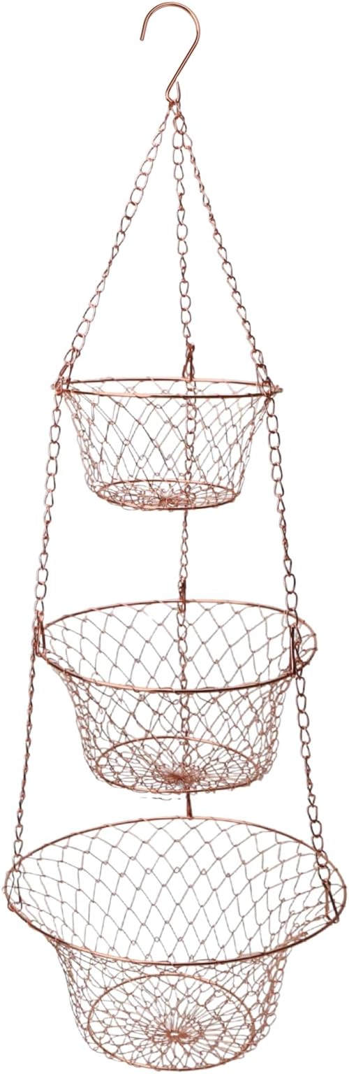 Hanging Fruit Basket – 3 Tier Hanging Baskets for Kitchen – Heavy Duty Wire Fruit and Vegetable Basket with Hooks, Copper Fin