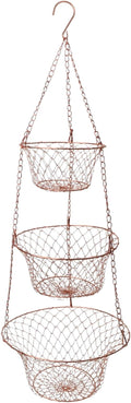 Hanging Fruit Basket – 3 Tier Hanging Baskets for Kitchen – Heavy Duty Wire Fruit and Vegetable Basket with Hooks, Copper Fin