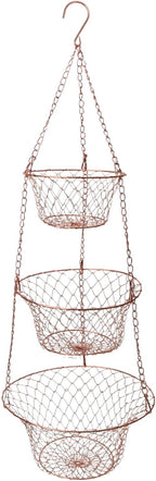 Hanging Fruit Basket – 3 Tier Hanging Baskets for Kitchen – Heavy Duty Wire Fruit and Vegetable Basket with Hooks, Copper Fin