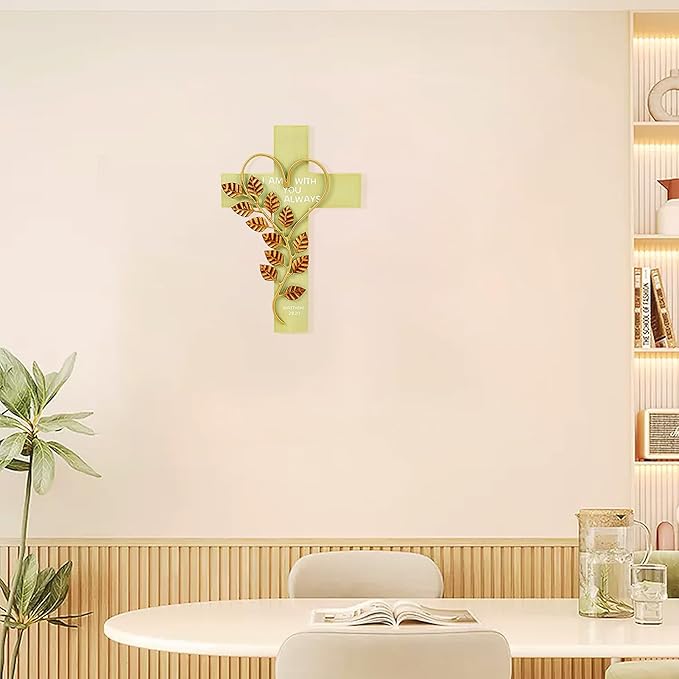 Wooden Wall Cross with Iron Heart Leaf Decorated with Hook and Base Hanging Wall Or Table Cross with Matthew 28:20 For Church