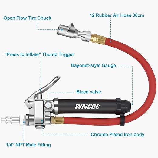 10-120 PSI Tire Inflator Gauge with Lock on Air Chuck and 12" Air Hose, Tire Air Pressure Gauge with Air Compressor Accessory for Car Truck Motorcycle Bike