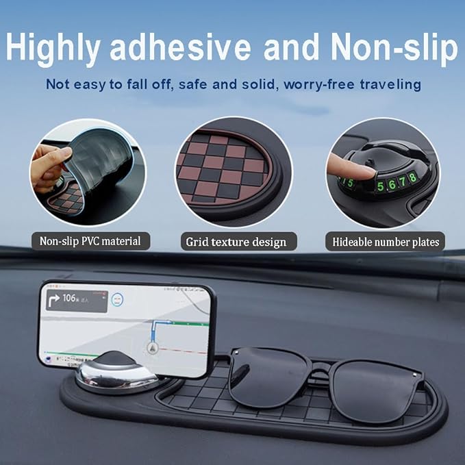 Multifunction Car Anti-Slip Mat, Car Dashboard Mobile Phone Holder, Rotating Anti Slip Mat Auto Phone Holder with Temporary P