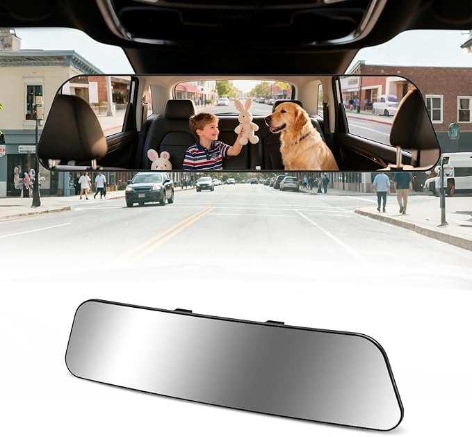Rear View Mirror, 12 Inch Chrome Anti-glare Panoramic Rear Mirrors Universal Convex Car Interior Clip on Extra Big Wide Angle Rearview Mirror Extender to Reduce Blind Spot for Car SUV Trucks