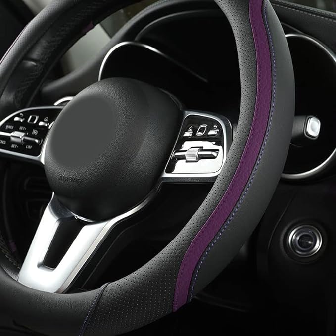 Car Steering Wheel Cover, Leather Steering Wheel Cover Purple Universal 14.5-15 Inch Microfiber Leather Anti-Slip Breathable 