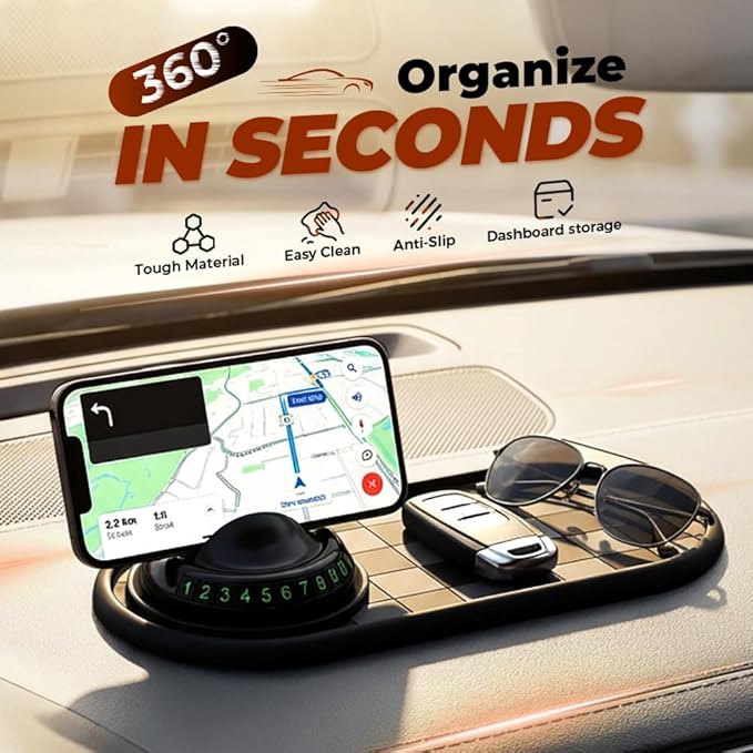 Multifunctional Car Anti-Slip Mat with 360° Rotating Phone Holder & Temporary Parking Number, Anti Slip Mat for Car Dashboard