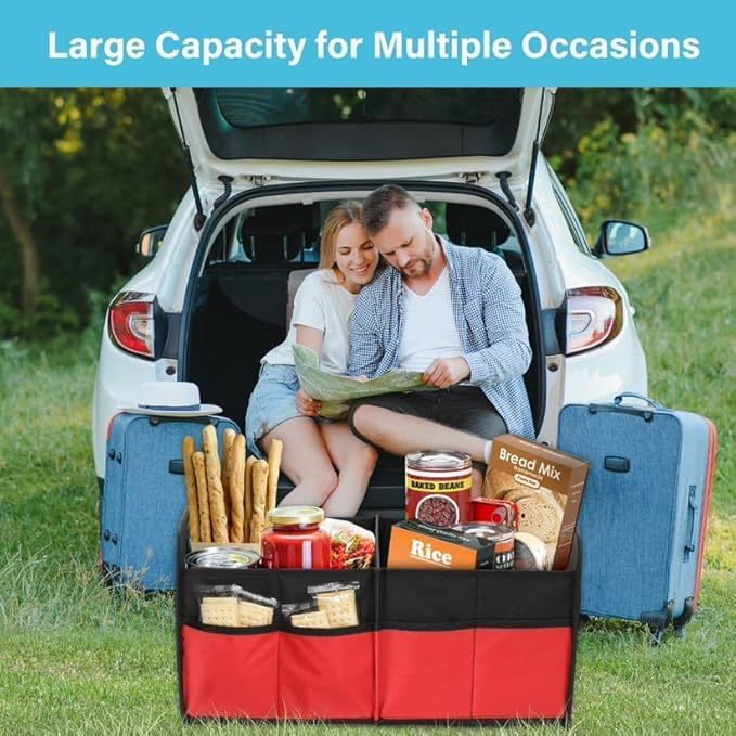 Simple Deluxe Trunk Organizer for Car/SUV/Truck, Collapsible 2 Compartment 50L Automotive Storage Box with 5 Pocket, 600D Waterp
