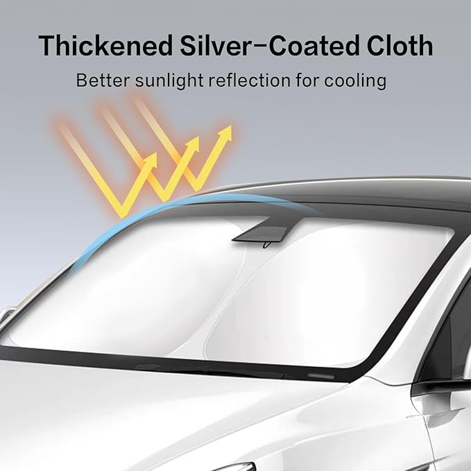 300T Sunshade for Tesla Model Y Model 3, Car Accessories 2026 for Tesla, Front Window Sunshade with Organizer Bag, Gifts for Tesla Owners