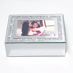 Qmdecor Crushed Diamond Mirrored Jewelry Box With Photograph 4x6inch On Top, Silver Glass Bling Jewelry Organizer Photo Pictu