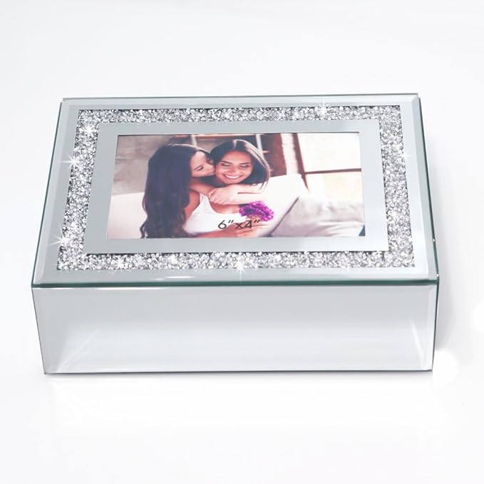 Qmdecor Crushed Diamond Mirrored Jewelry Box With Photograph 4x6inch On Top, Silver Glass Bling Jewelry Organizer Photo Pictu