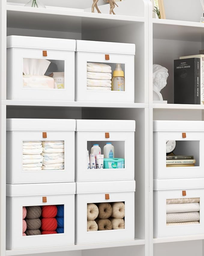 Homsorout Storage Bins with Lid – Closet Organizer with Side Opening and Clear Window, Foldable Stackable Fabric Basket for C