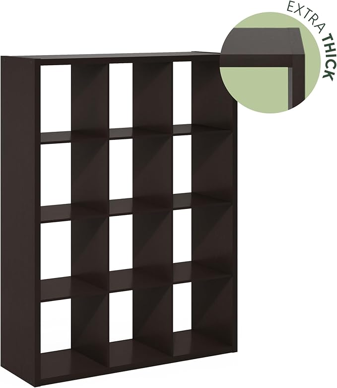 Furinno Cubicle Book Shelf, 12-Cube Bookshelf, Extra Thick Frame Reversible Bookcase with Open Back, 14.6" x 44" x 58", for L