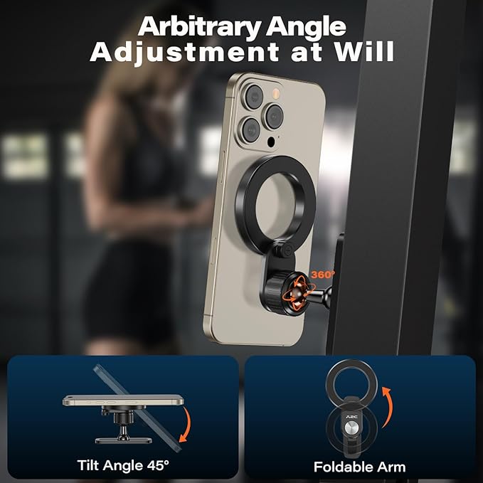A2C Foldable Arm Gym Magnetic Phone Holder for MagSafe, Dual Magnet Fitness Phone Mount Accessory, 360° Adjustable & Hands-Free, Portable Workout Essentials for iPhone 17/16/15/14/13/12 Series