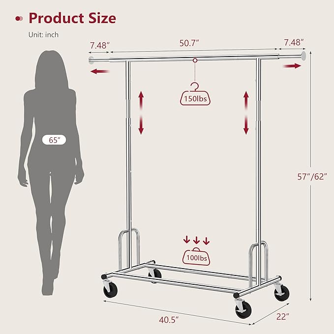 Tajsoon Heavy Duty Clothes Rack Foldable Garment Rack with Wheels and Extendable Rod, Freestanding Clothing Rack for Hanging 
