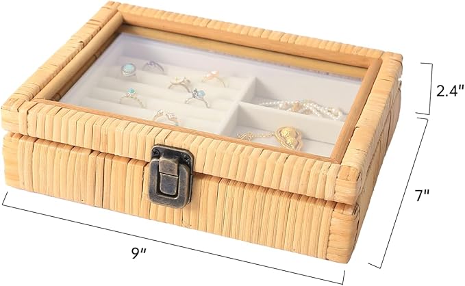 Jewelry Box for Women, Boho Rattan Jewelry Organizer Box for Storage Earrings Rings Necklace Bracelet, Farmhouse Jewelry Boxe