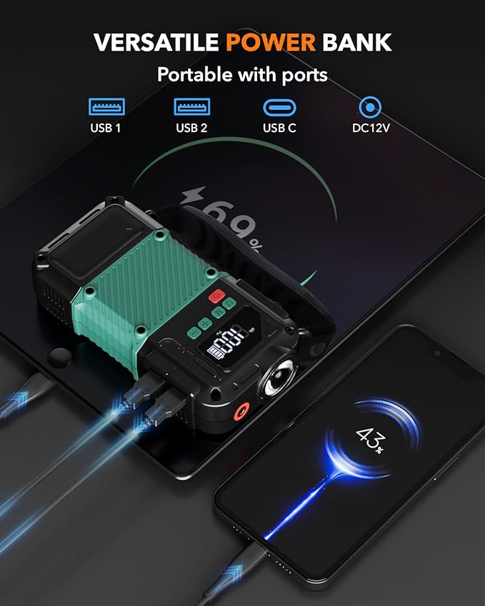 Portable Car Jump Starter with Air Compressor - 3000A/150PSI, 12V Portable Jump Box for 5.0L Diesel & 8.0L Gas, Compact Battery Jump Pack, Extended Smart Jumper Cables, USB Outputs, and Lights