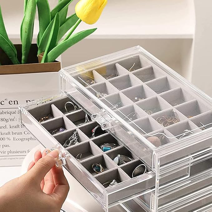 YUFONG Earring Organizer Box Acrylic Jewelry Organizer with 3 Drawers 54 Adjustable Grids Clear Stackable Earring Holder Velv