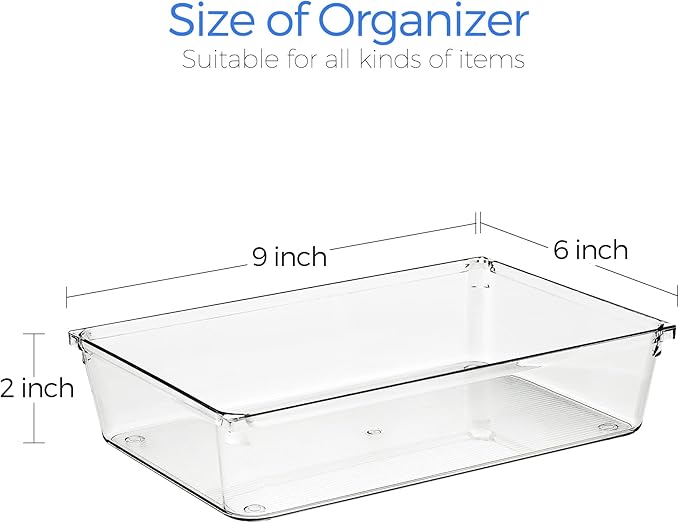Ravinte 6 Pack Drawer Organizer - 6" X 9" Plastic Storage Bins, Acrylic Organizers with Non-Slip Pads Clear Desk Storage Tray