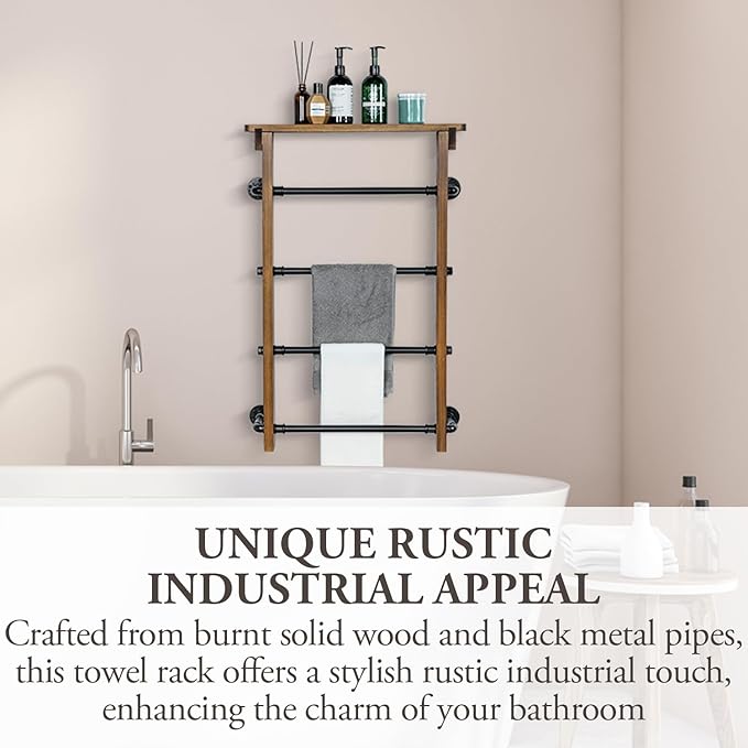 MyGift 4-Tier Wall Mounted Towel Rack Ladder with Top Storage Shelf, Rustic Burnt Solid Wood Hanging Towel Holder with 4 Blac