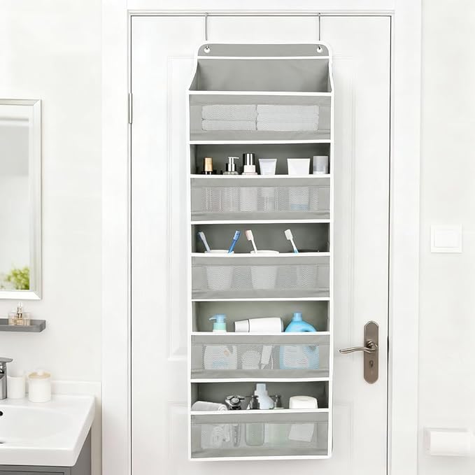 Over The Door Storage Organizer with 5 Extra Large Pockets & Side Mesh Pouches, Hanging Closet Door Organizer for Bedroom, Ba