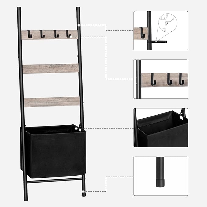 HOOBRO Blanket Ladder with Basket, 17.3”L x 63.4”H, Towel Rack with Hooks, Blanket Holder Rack, Decorative Ladder Shelf, Dryi