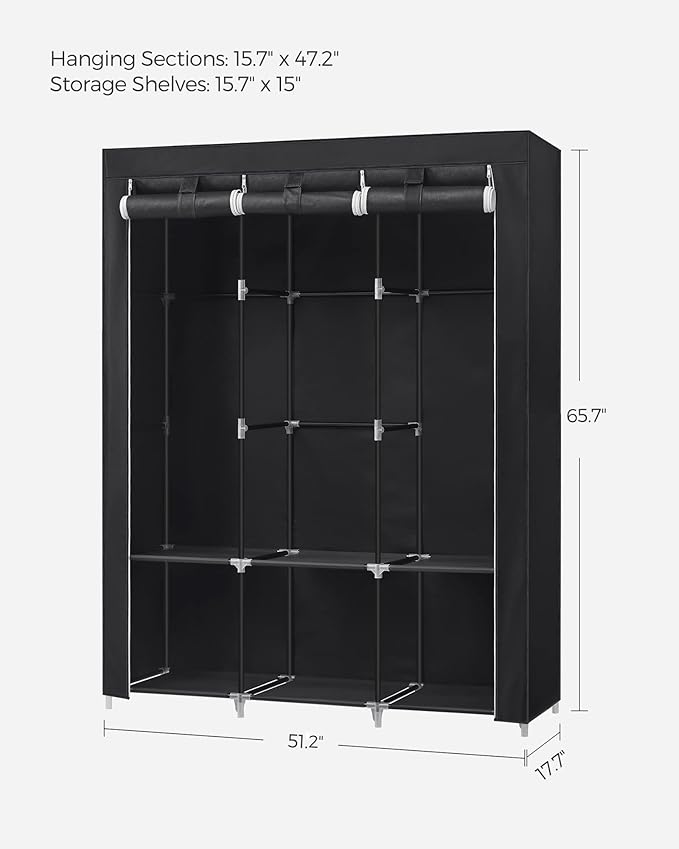 SONGMICS Portable Closet, Wardrobe Closet Organizer with Cover, 3 Hanging Rods and Shelves, 4 Side Pockets, 51.2 x 17.7 x 65.