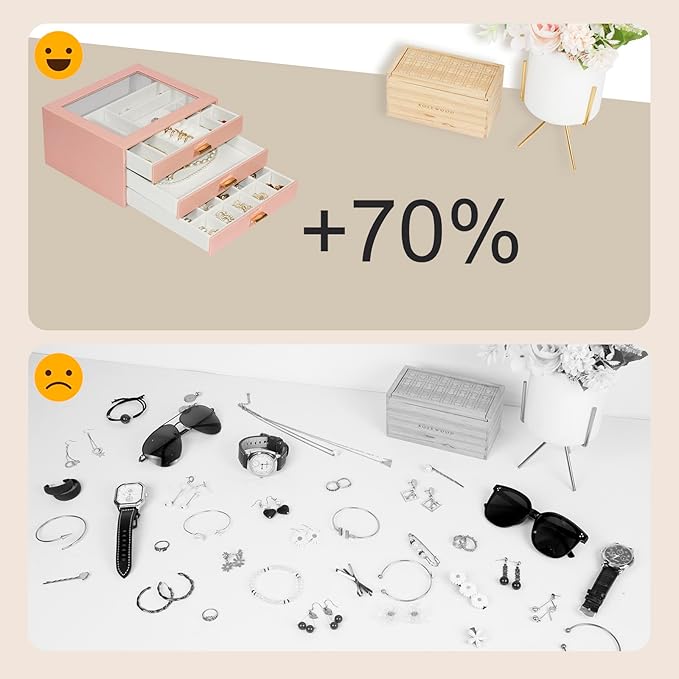 Jewelry Box Organizer with 3 Drawers,Glass Lid Jewelry Boxes for Women,Jewelry Storage for Rings,Necklaces,Earrings,Bracelets
