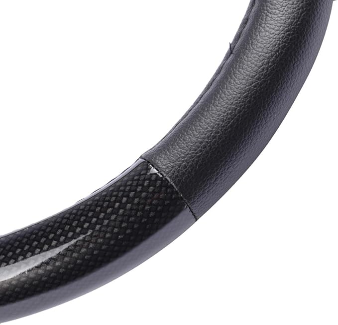 BDK Carbon Fiber Steering Wheel Cover White Vinyl with Fiber Accent - Black Carbon, 14.5-15 inch
