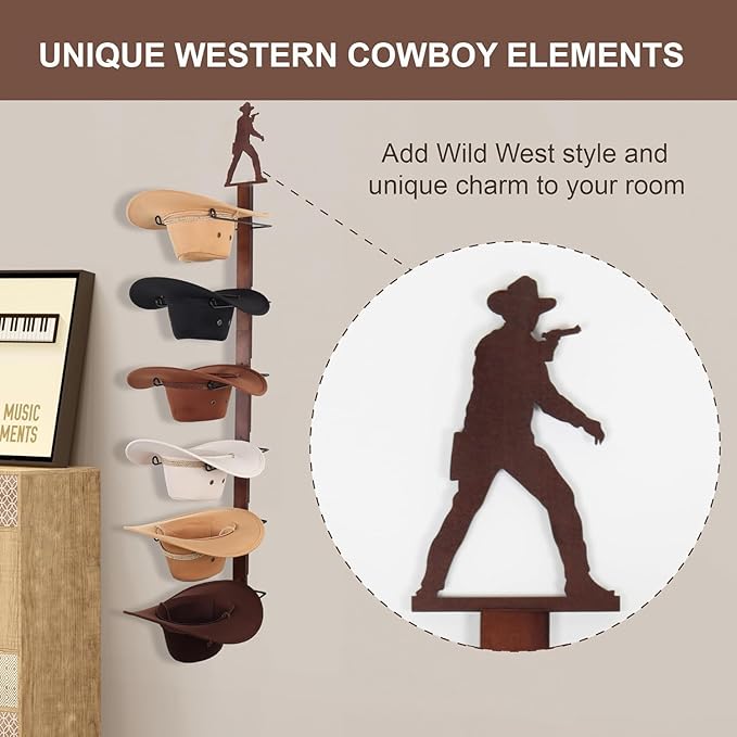 Cowboy Hat Rack Holder for Wall - Wild Western Style Design Hat Organizer with 6 Hat Hooks for Wall Mount, Hat Stand and Hang